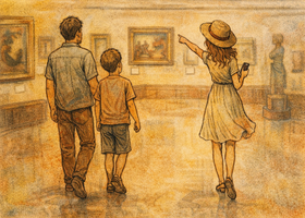 Une famille jouant dans un musée avec l'application Amuseemus